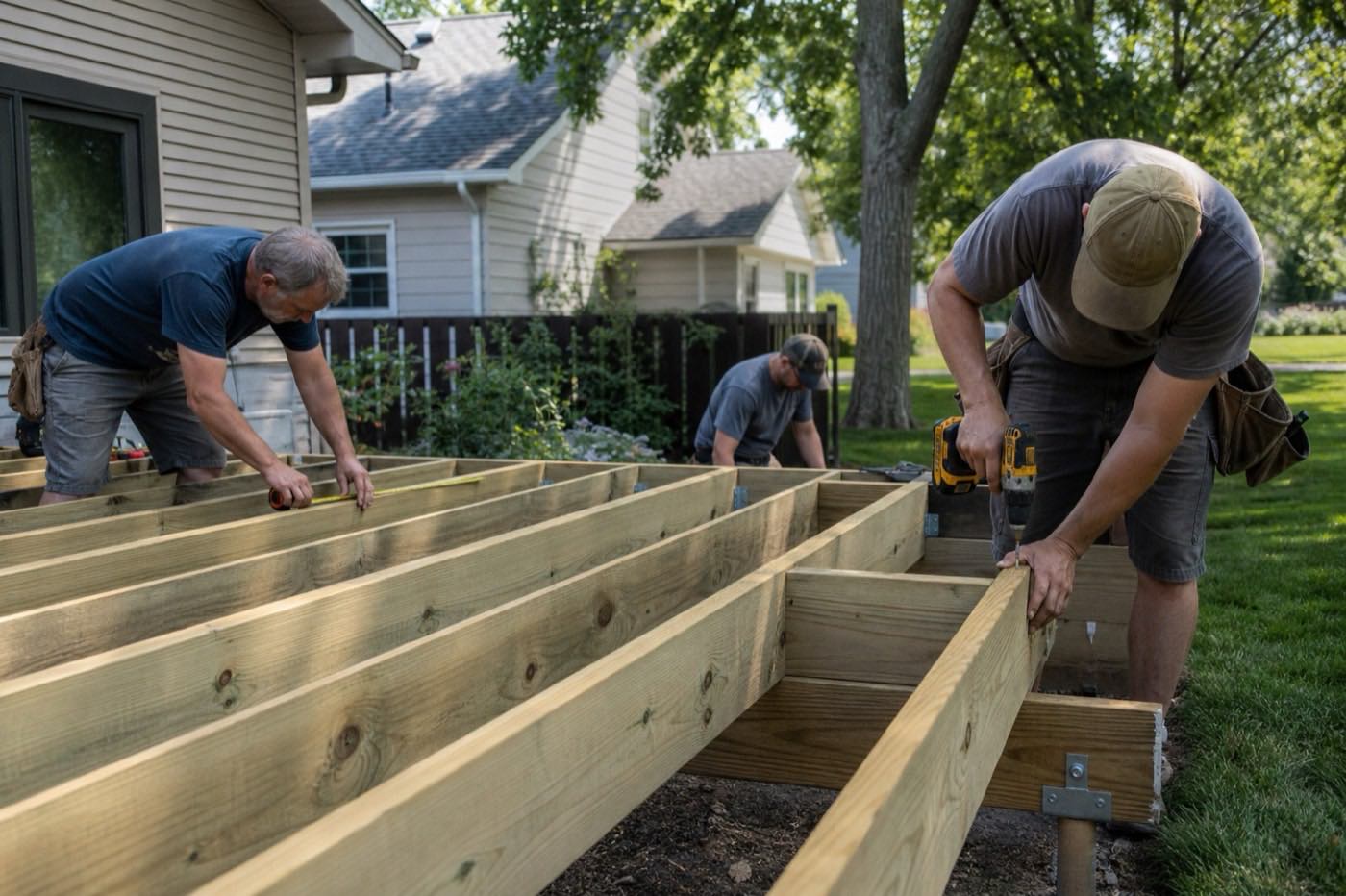 AI-generated illustration: three people build the frame of a backyard deck from treated lumber.