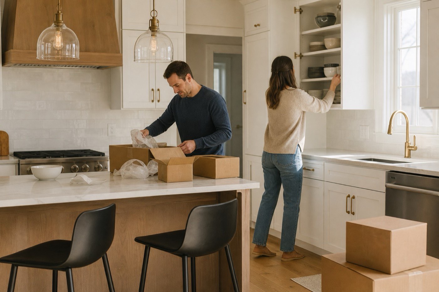AI-generated illustration: a couple unpacks dishes into a newly remodeled white kitchen with a wood island.