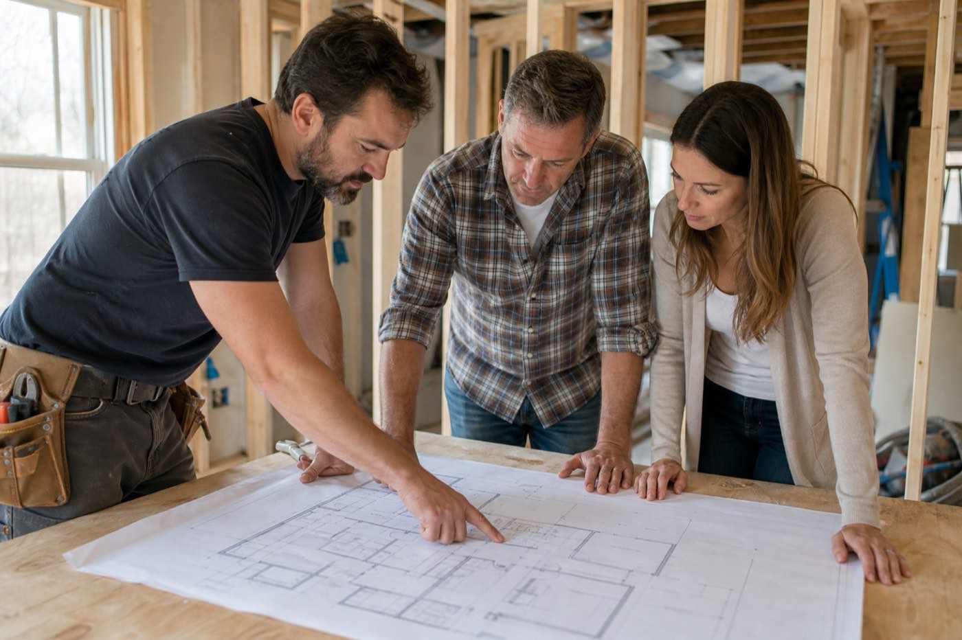 AI-generated illustration: a contractor and two homeowners review printed floor plans on a plywood table in a house under renovation.