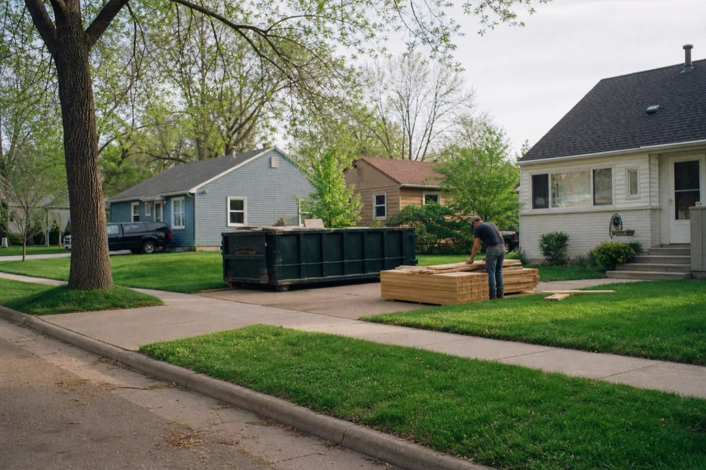 AI-generated illustration: a residential street in spring with a dumpster and fresh lumber in one driveway.