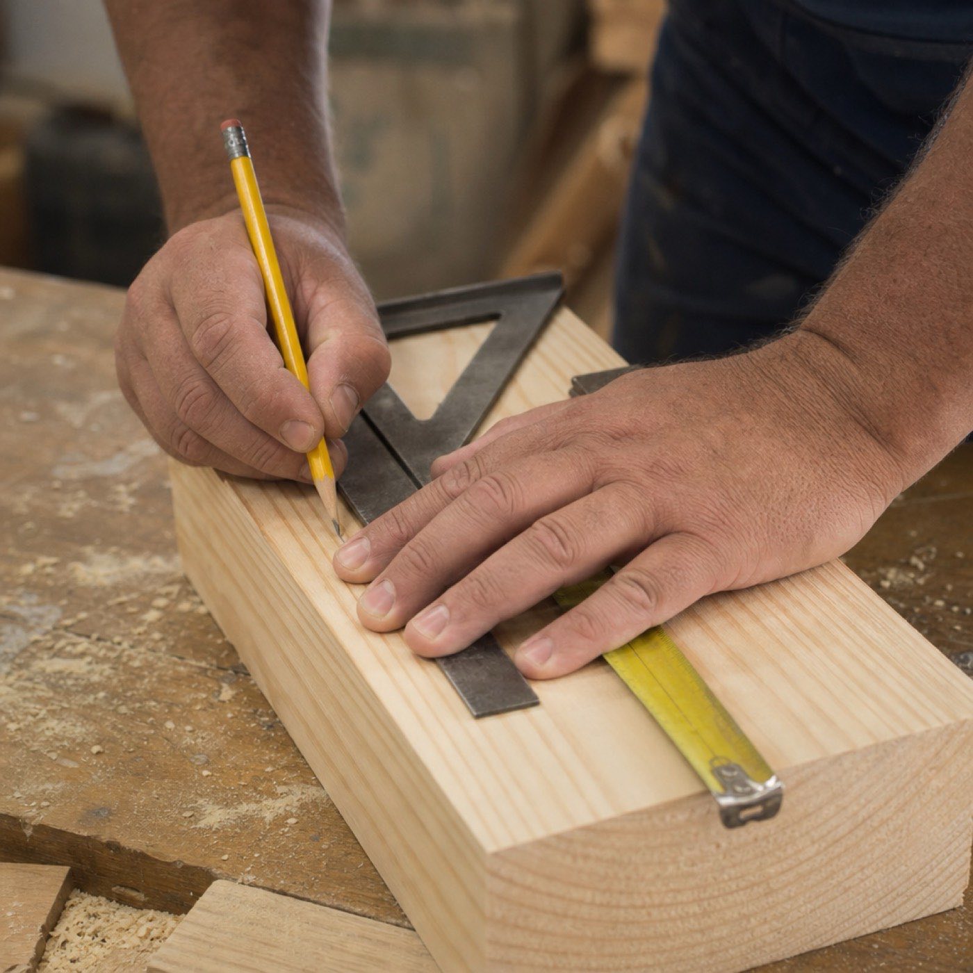 AI-generated illustration: hands mark a pencil line on a pine board with a carpenter's square and tape measure.